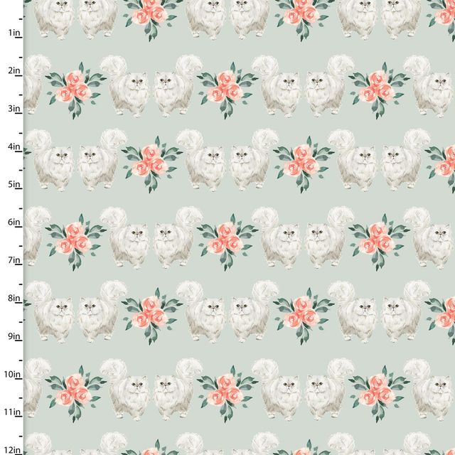 Every Day is Caturday White Cat Flowers Mint Green 3 Wishes Cotton Fabric