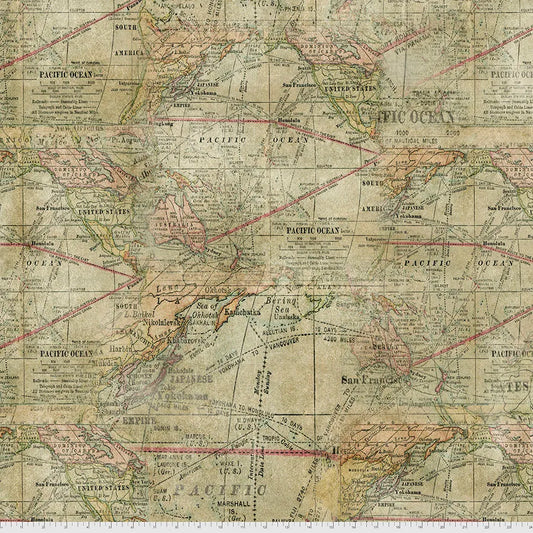 Expedition 108" Wide Back Pacific Ocean World Map Multi Tim Holtz Eclectic Elements Free Spirit Cotton Fabric FS-QBTH007.MULTI
