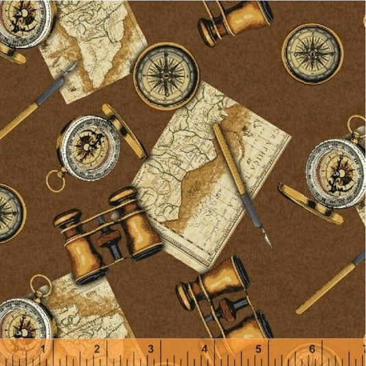 Expedition Pathfinder Compass Map Charcoal Brown Windham Cotton Fabric WF-51633-2