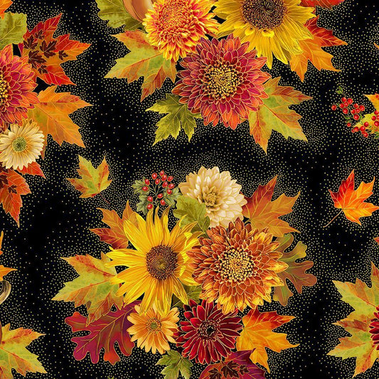 Thankful Packed Metallic Bouquet Black Timeless Treasures Cotton Fabric TT-CM2105-BLACK