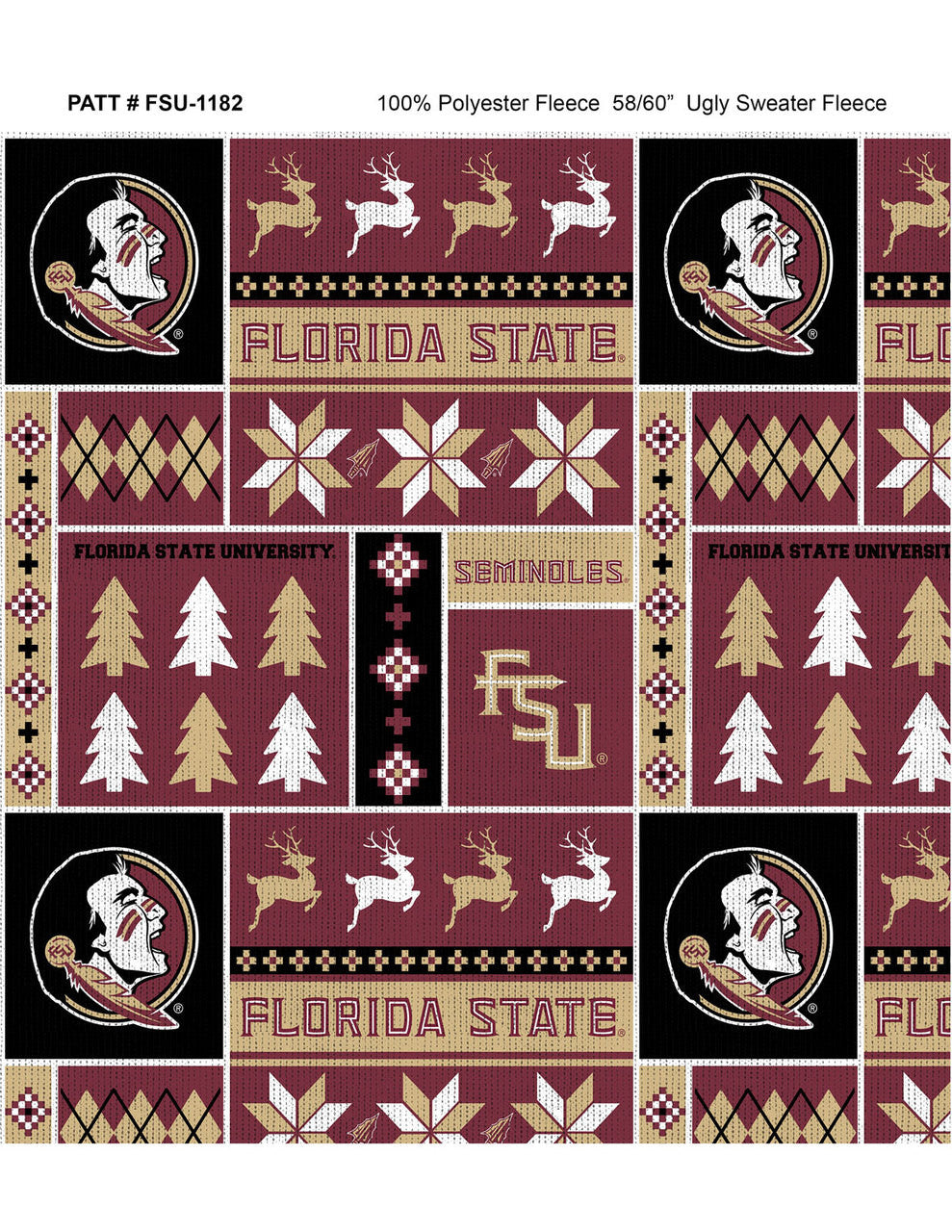 Florida State Seminoles NCAA College Holiday Sweater Sykel Enterprises Polyester Fleece Fabric FSU-1182