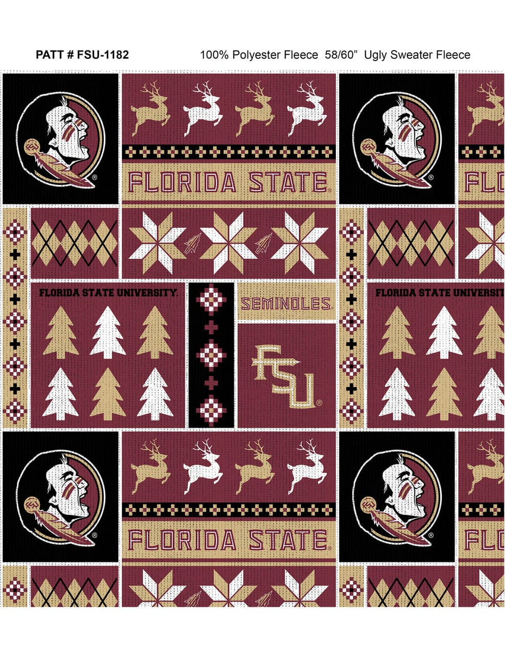 Florida State Seminoles NCAA College Holiday Sweater Sykel Enterprises Polyester Fleece Fabric FSU-1182 | US Fabric Shop
