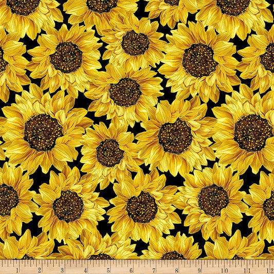 Fall Glory Packed Sunflowers Metallic  Black Harvest Timeless Treasures Cotton Fabric TT-CM8543-Black