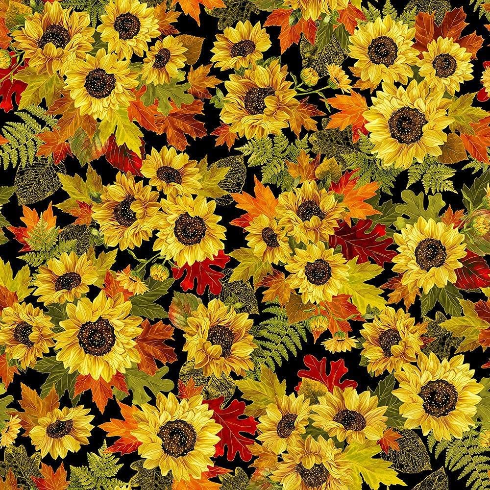 Fall Glory Sunflower Bouquet Metallic Black Harvest Timeless Treasures Cotton Fabric TT-CM8542-Black
