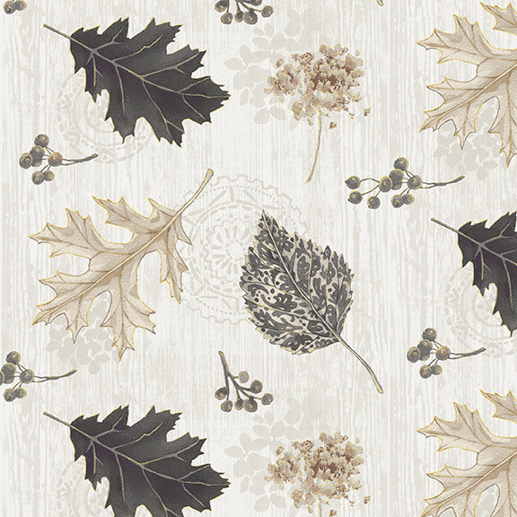 Fall Potpourri Tossed Leaves Metallic Gray Andrea Tachiera Henry Glass Cotton Quilting Fabric HG 230M-39