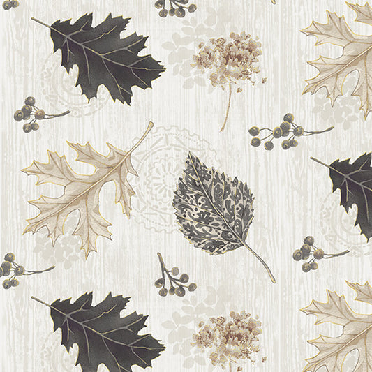Fall Potpourri Tossed Leaves Metallic Gray Andrea Tachiera Henry Glass Cotton Quilting Fabric HG 230M-39