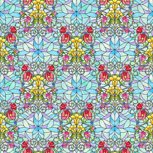 Fancy Glass Stained Glass Bouquets Light Blue Satin Moon Designs Blank Quilting Cotton Fabric