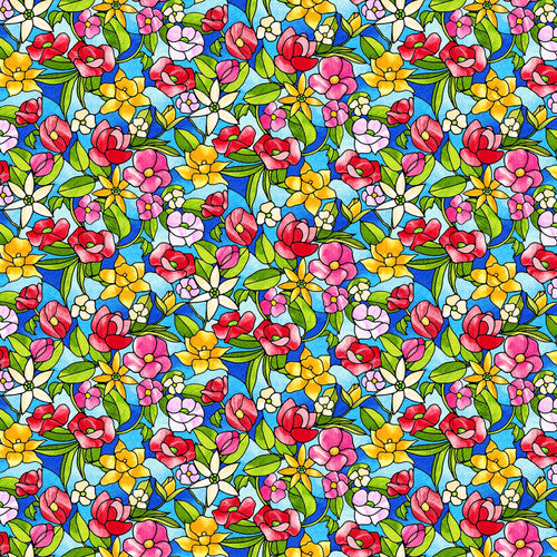 Fancy Glass Stained Glass Flowers Dark Blue Satin Moon Designs Blank Quilting Cotton Fabric