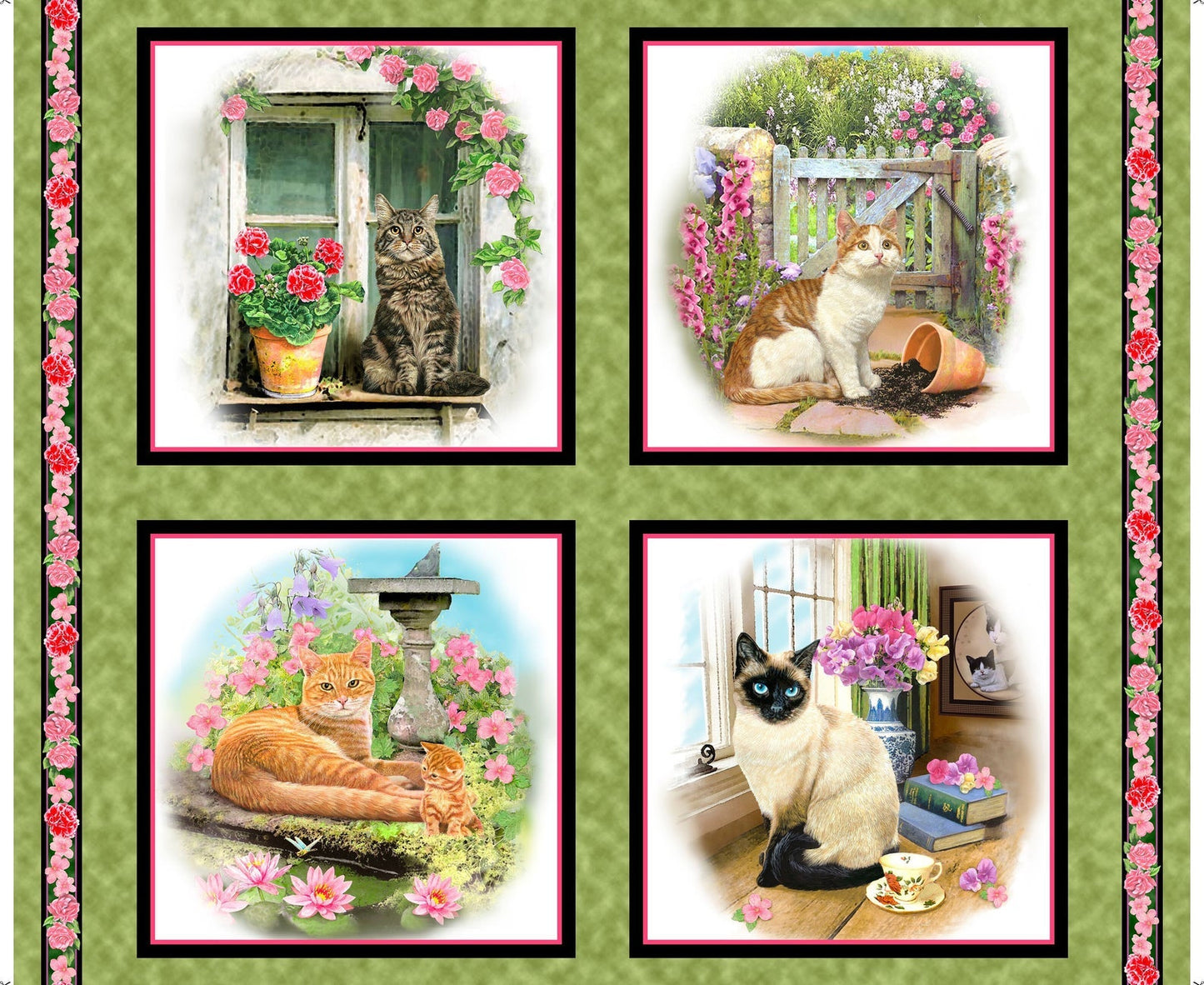Fancy Felines Block Patches Cats Posing Panel 36" Green Quilting Treasures Cotton Fabric