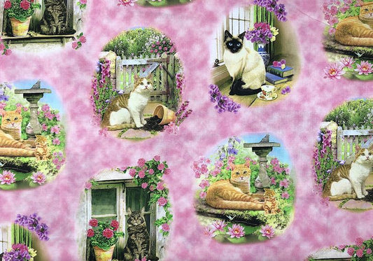 Fancy Felines Cats Allover Window Garden Fountain Pink Quilting Treasures Cotton Fabric