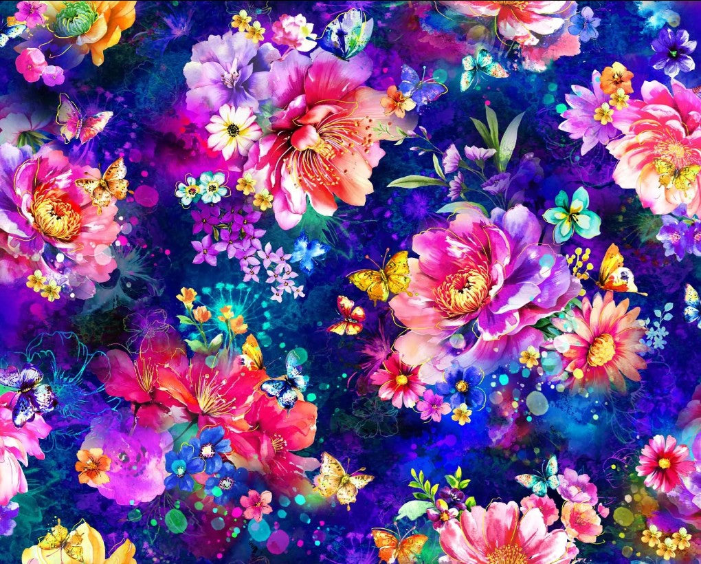 Fantasia Large Floral Blue Oasis Fabrics Cotton Fabric OA-598402