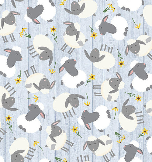 Farm-tastic Friends Tossed Sheeps Blue Sweet Cee Creative Studio E Cotton Fabric SE-7980-11