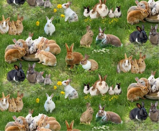 Farm Animals Rabbits on grass field Green Elizabeth's Studio Cotton Fabric ES-650 Green