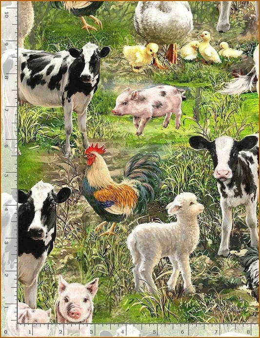 Farm Life Farm Animals Allover Green Dona Gelsinger Timeless Treasures Cotton Fabric