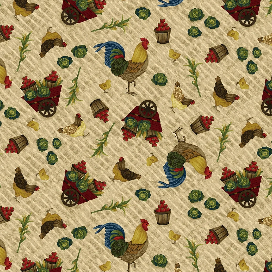 Farm to Market Rooster Toss Cream Jan Mott Henry Glass Cotton Fabric