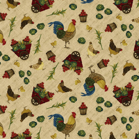 Farm to Market Rooster Toss Cream Jan Mott Henry Glass Cotton Fabric