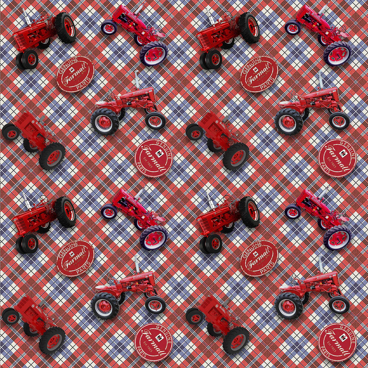 Farmall Patriotic Plaid Tossed Red Tractors Red Sykel Cotton Fabric SYK-10527