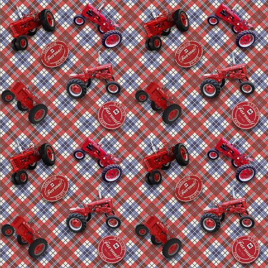 Farmall Patriotic Plaid Tossed Red Tractors Red Sykel Cotton Fabric SYK-10527