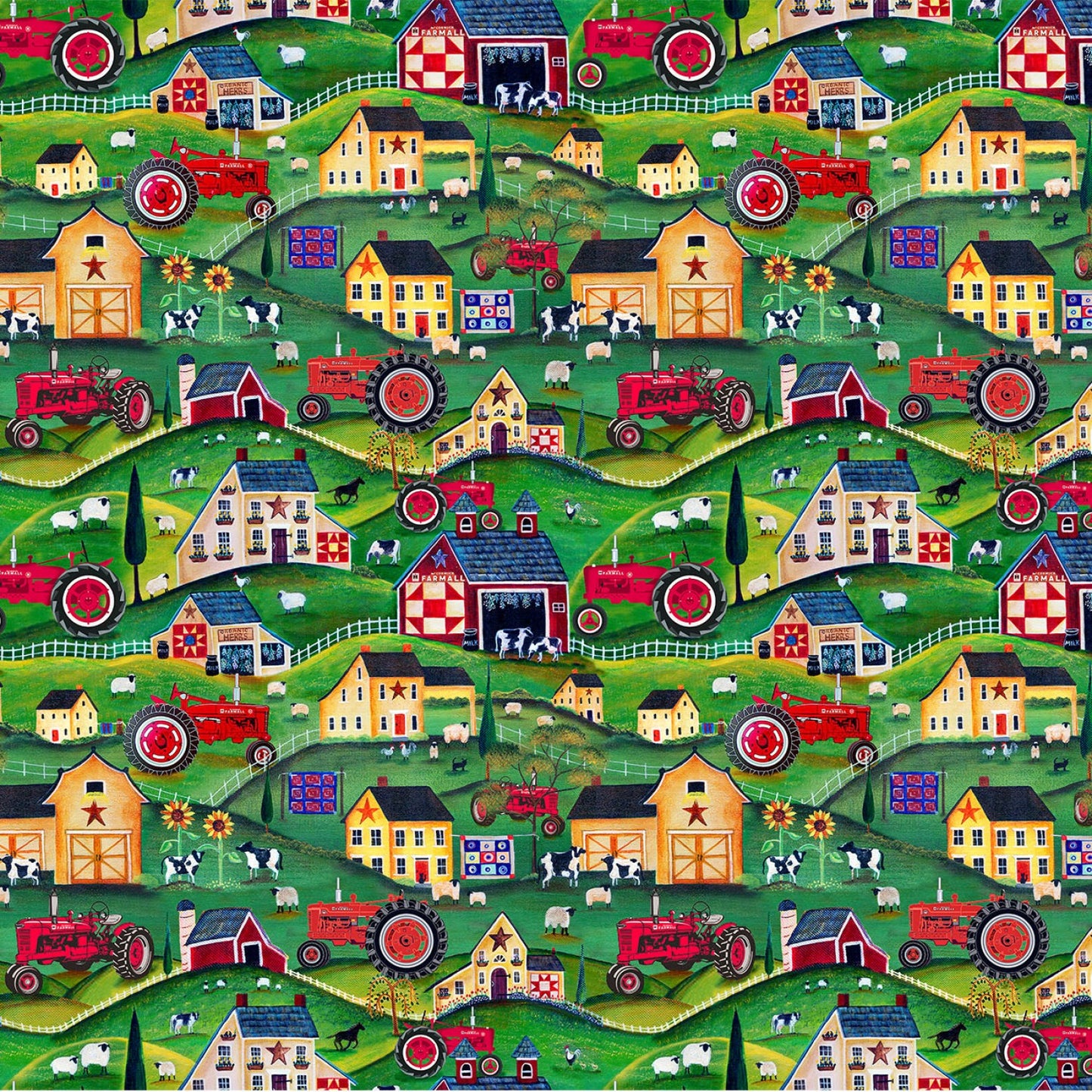 Farmall Tractor Collection Multi Folk Art Scenic Print Concepts Cotton Fabric PC-10203-X