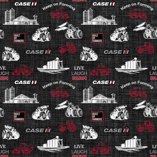 Farmall Case IH Built Farmers Barn Tractors Keep Farming Black Burlap Sykel Enterprises Cotton Fabric SYK-10562-BLACK