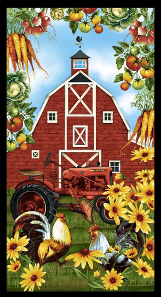 Farmer's Market Barn Red Tractor Hen Rooster Sunflowers Panel 24" Studio E Cotton Fabric