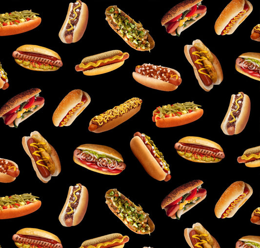 Favorite Foods Hot Dogs Black Elizabeth's Studio Cotton Fabric ES-702-BLACK