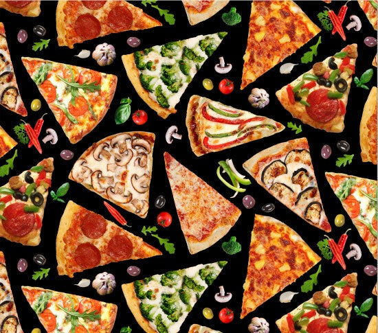 Favorite Foods Tossed Pizza Black Elizabeth's Studio Cotton Fabric ES-670-BLACK