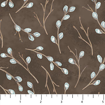 Feathered Nest Tossed Pussy Willow Branches Dark Brown Northcott Fabrics Cotton Fabric
