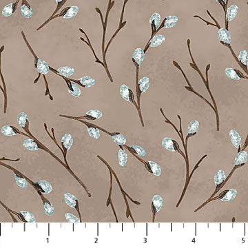 Feathered Nest Tossed Pussy Willow Branches Light Brown Northcott Fabrics Cotton Fabric