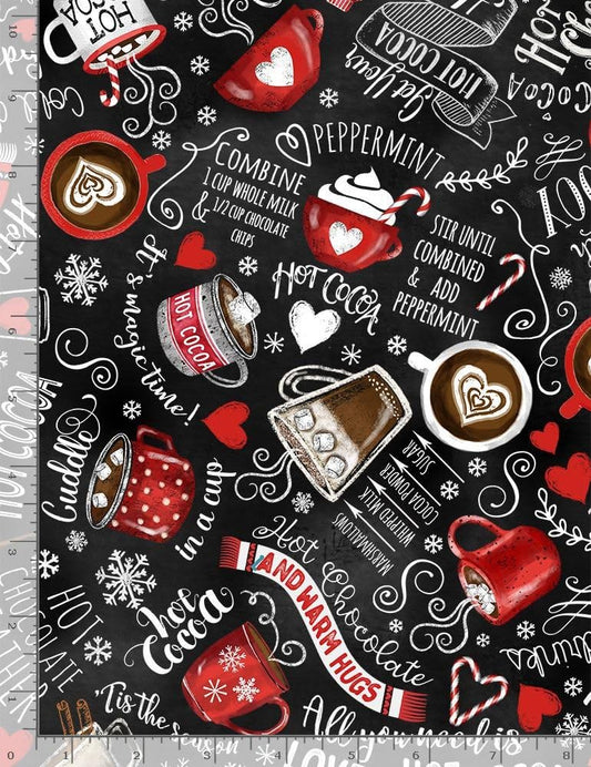Feeling Festive Hot Chocolate Winter Drinks Black Gail Cadden Timeless Treasures Cotton Fabric  TT-GAIL-C1407-BLACK