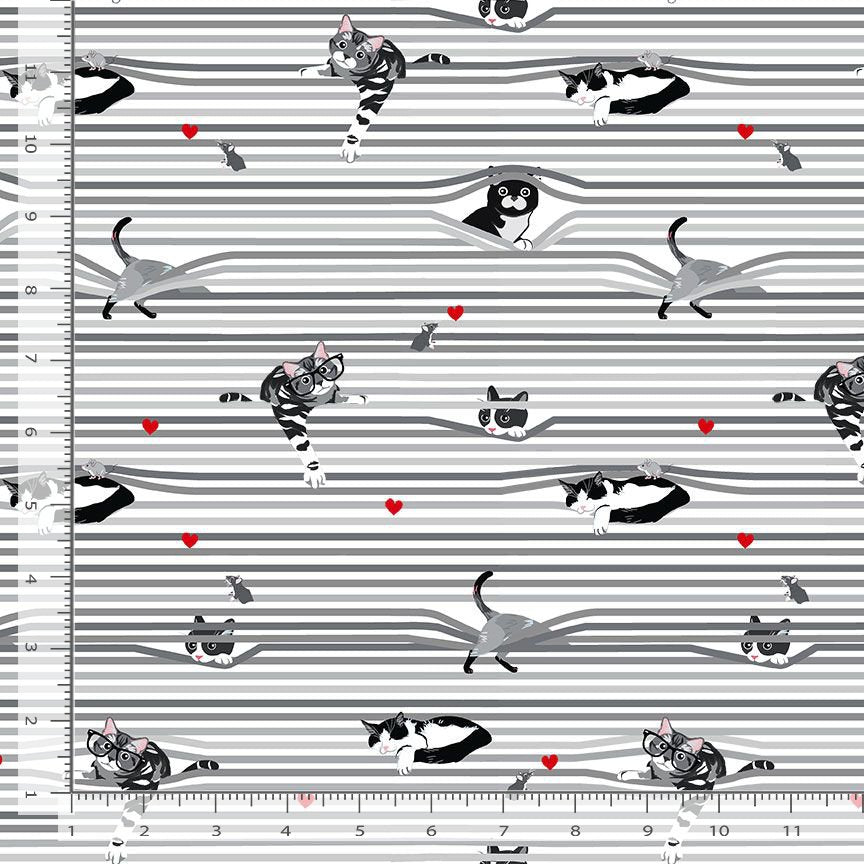 Feline Good! Peekaboo Shade Cats Stripes White Timeless Treasures Cotton Fabric