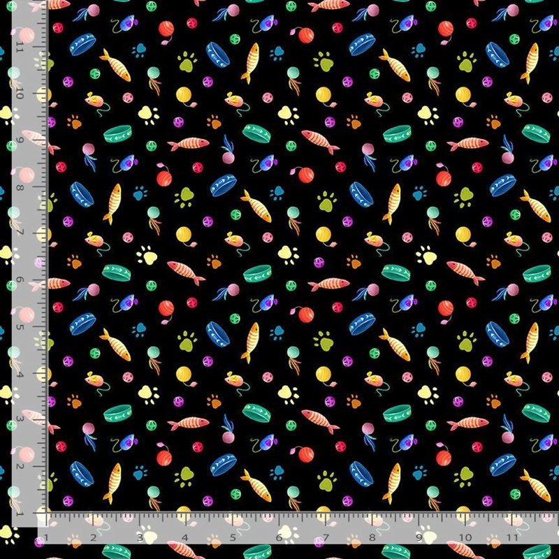 Feline Fanatic Cat Toys & Paws Black Rosie Dore Timeless Treasures Cotton Fabric TT-ROSIE-CD4152 BLACK