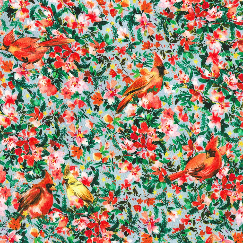 Festive Delight Packed Red Scarlet and Flowers Fog Grey Lauren Wan Robert Kaufman Cotton Fabric RK-AVMD-23865-336