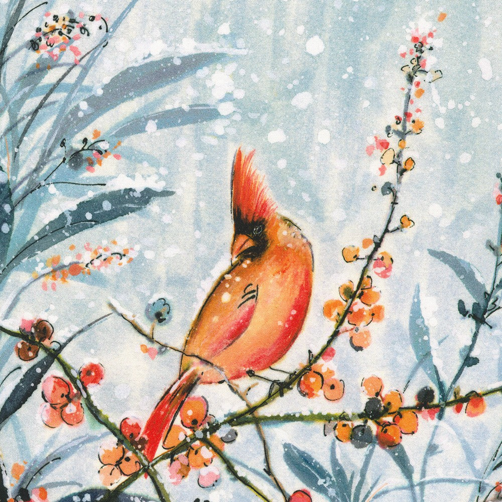 Festive Delight Snowy Red Cardinal Bird Panel 24" Winter Grey Lauren Wan Robert Kaufman Cotton Fabric RK-AVMD-23860-277