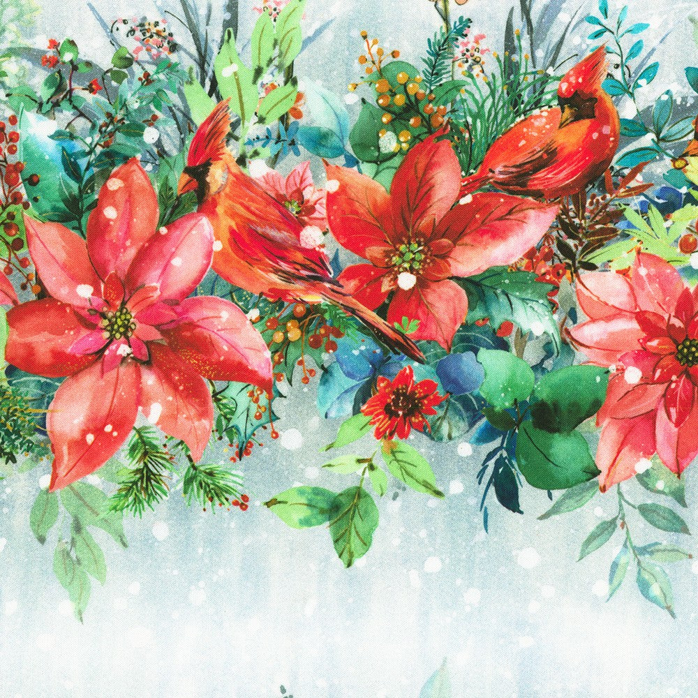 Festive Delight Stripes Snowy Red Cardinal Bird Poinsettias Winter Lauren Wan Robert Kaufman Cotton Fabric RK-AVMD-23862-277