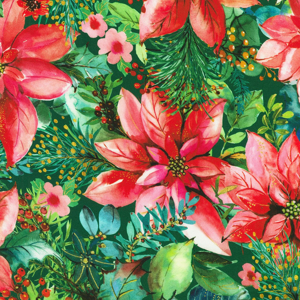 Festive Delight Packed Poinsettias Holiday Green Lauren Wan Robert Kaufman Cotton Fabric RK-AVMD-23864-223