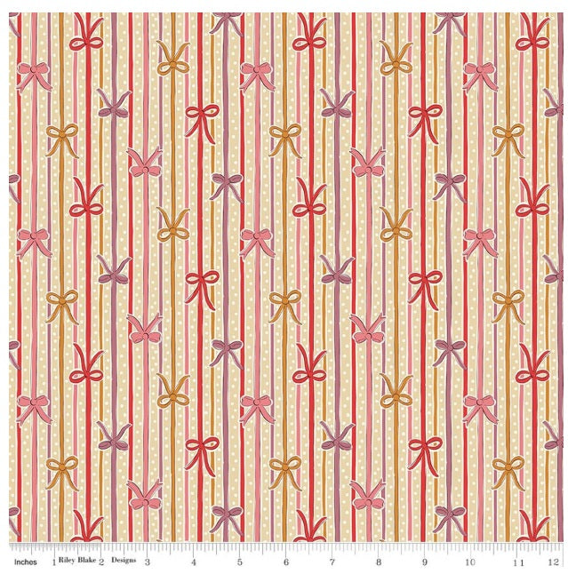 Festive Magic Ribbon Bow Stripe A Ivory Pink Red Mustard Gold Purple Liberty Fabrics Cotton Fabric LF-01667521A