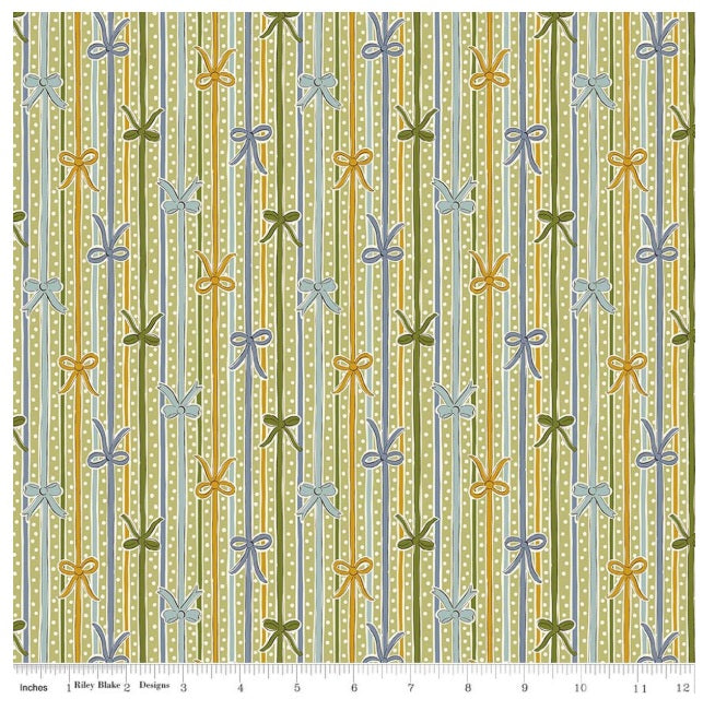 Festive Magic Ribbon Bow Stripe B Green Blue Gold Ivory Liberty Fabrics Cotton Fabric LF-01667521B