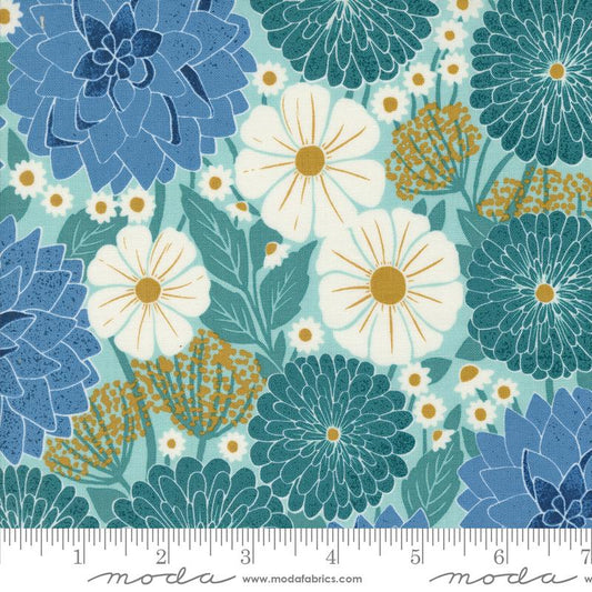 Field Of Flowers Dahlias Zinnias Florals Block Print Robins Egg Aqua Blue Katharine Watson Moda Cotton Fabric