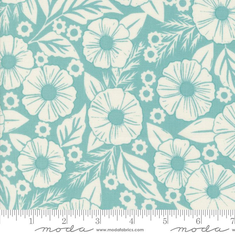 Field Of Flowers Flower Paper Florals Block Print Robins Egg Aqua Blue Katharine Watson Moda Cotton Fabric