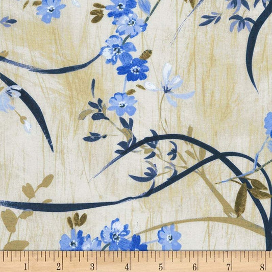 Fields of Blue Flowers and Branches Natural Timeless Treasures Cotton Fabric