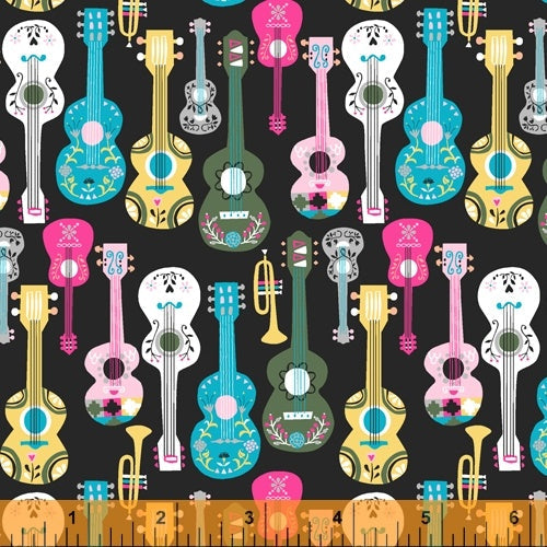 Fiesta Serenade Guitars Black Jill McDonald Windham Fabrics Cotton Fabric WF-51950-1