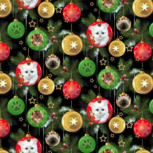 Fireside Kittens Kitten Ornaments Black Robert Giordano Henry Glass Cotton Fabric | US Fabric Shop