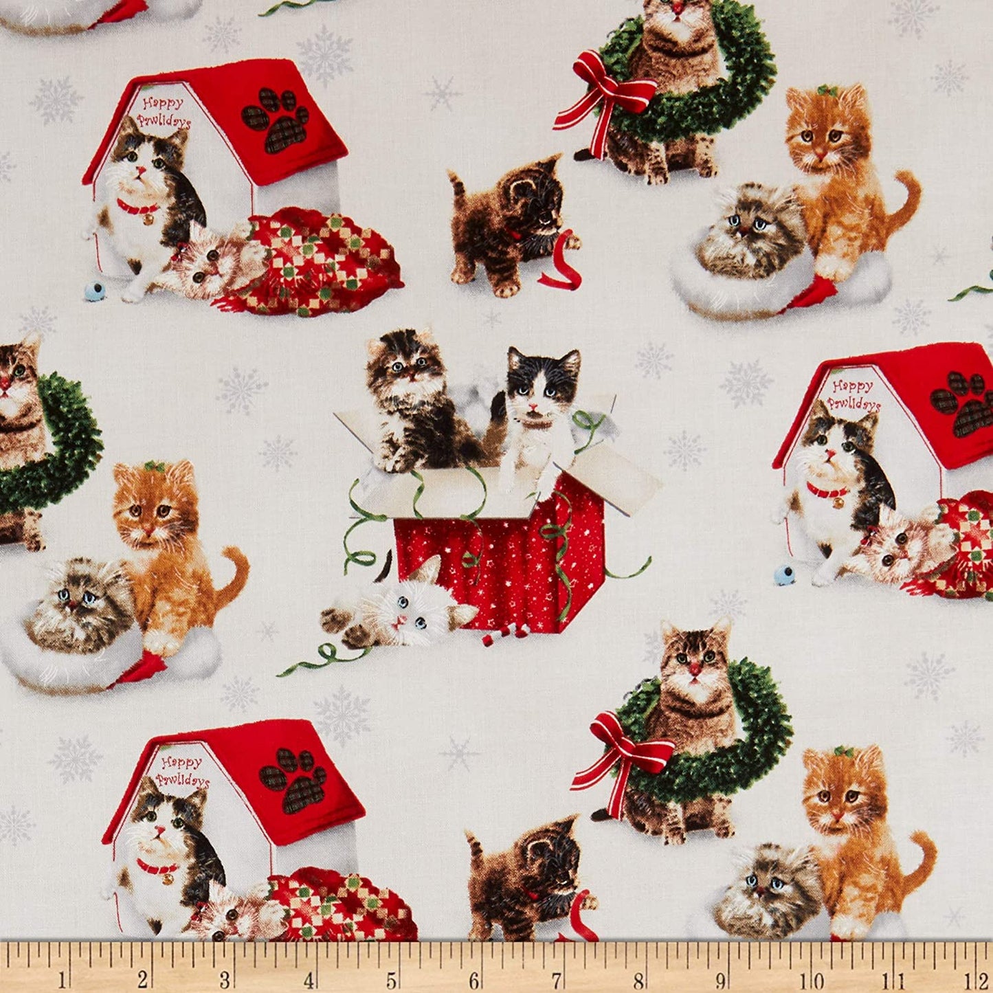 Fireside Kittens Kitten Box House Scenic White Robert Giordano Henry Glass Cotton Fabric | US Fabric Shop
