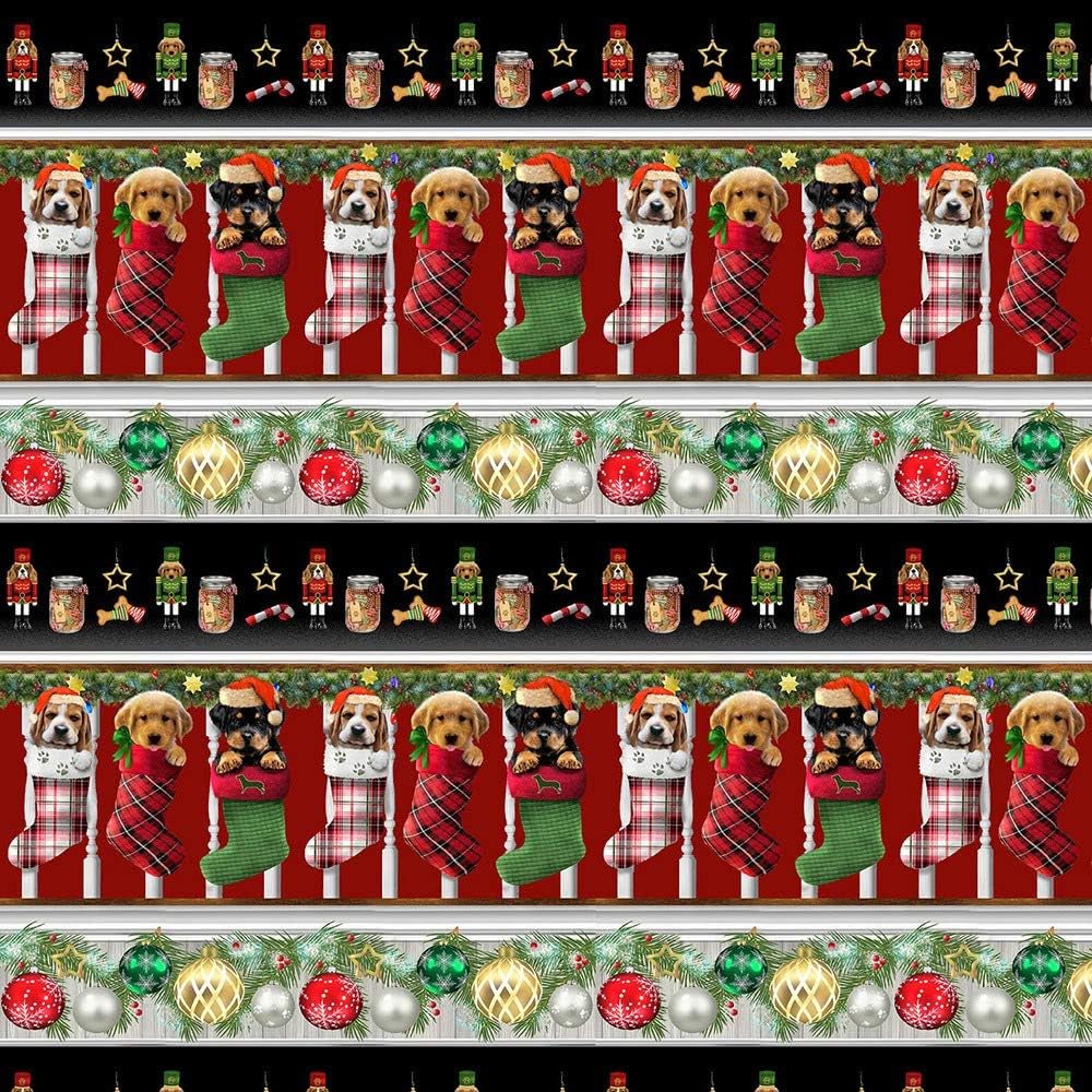 Fireside Pups Border Stripe Red Bob Giordano Henry Glass Cotton Fabric | US Fabric Shop
