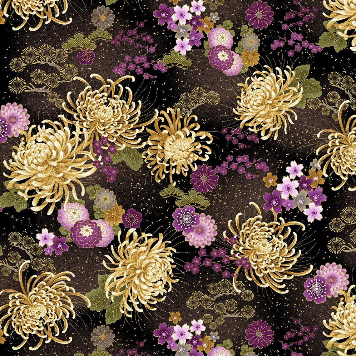 Fleur Majestic Black Japanese Purple Floral Medium Black Metallic Chong-A Hwang Timeless Treasures Cotton Fabric TT-CM8811-BLACK