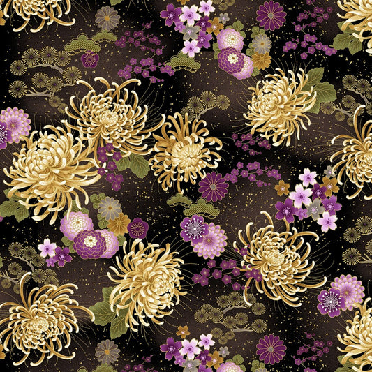 Fleur Majestic Black Japanese Purple Floral Medium Black Metallic Chong-A Hwang Timeless Treasures Cotton Fabric  TT-CM8811-BLACK