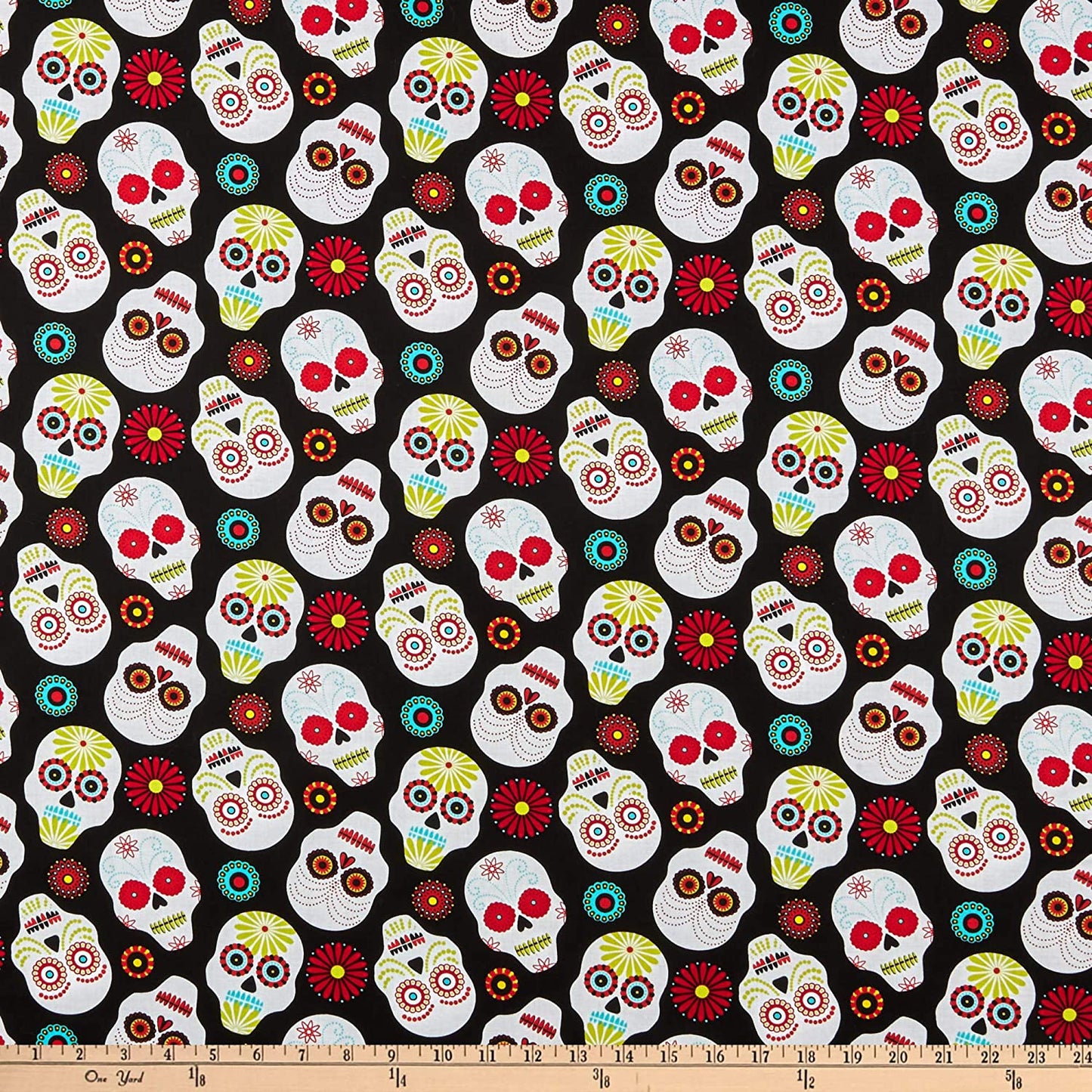 Sugar Skulls colorful fun Black Timeless Treasures Cotton Fabric TT-C7793