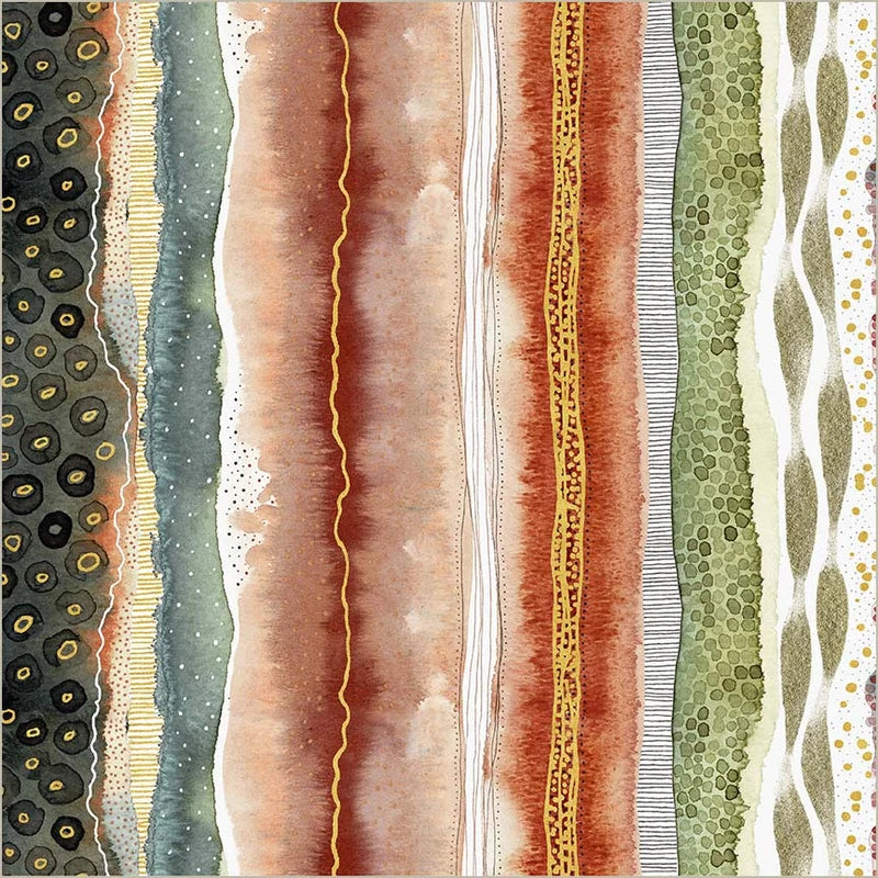 Flora and Form Metallic Strata Stripe Fire Opal Essoldo Design Windham Cotton Fabric WF-54778DM-2