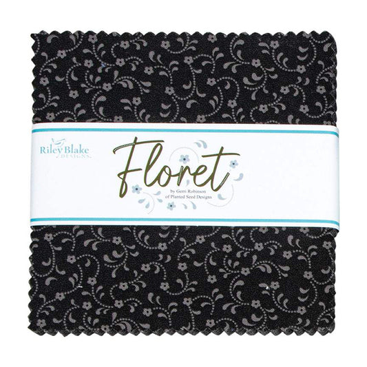 Floret 5" Square Stacker Black Gerri Robinson Riley Blake Designs Cotton Fabric RB-10-675-Black-42